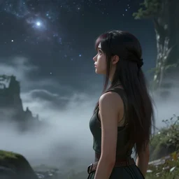 girl looks at the space, d & d, fantasy, mist, space in background, trees, hyper detailed, midium shot, 8 k realistic, cryengine, digital painting, trending on artstation, concept art, sharp focus, illustration,