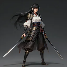 detailed, sharp, full body portrait of a black-haired fantasy female japanese warrior, trending on artstation, anime arts, featured on Pixiv, HD, 8K, highly detailed, good lighting, beautiful, epic, masterpiece, in the style of Ilya Kuvshinov and Greg Rutkowski