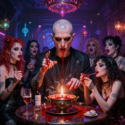 hyper realistic matte painting portrait of bald british man surrounded by tweakers!! addicts!! groupies! performing ritual blood!! magic! interior of goth club electric lighting greg rutkowski artstation hdr vivid color vaporwave ( alphonse mucha )