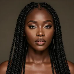 Photo of an African woman, box braids, bold, self-confidence, cinematic, light makeup focus