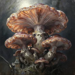 fungus temple. oil painting by award - winning mangaka, bloom, chiaroscuro, backlighting, intricate details, depth of field.