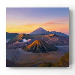beautiful painting of a landscape in sunset, volcano in the background