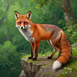 Portrait of a fox on the edge of a cliff overlooking a lush green forest, by Anna Dittmann and Ilya Kuvshinov, Nikolay Makovsky, fantasy, high detail, elegant, digital painting, WLOP, natural light, vibrant, intricate, textured skin, highly detailed, artstation, sharp, focus, illustration, Nikolay Makovsky