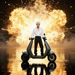 scooter singer baxxter with white hair standing in water with explosion in background, full body, white shirt, black pants, reflection in water, volumetric lighting, golden ratio