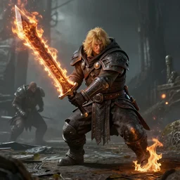 mr clean holding a huge flaming sword, 4 k, realistic, dark souls