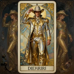 a dramatic ethereal epic symmetrical painting of a handsome! cowboy in a shining silvery!! ((golden)) outfit | tarot card, art deco, art nouveau,  (steampunk), homoerotic, realistic | by Dresden Codak, by Mark Maggiori and ((((Alphonse Mucha))) | trending on artstation