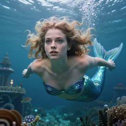 a beautiful image of q'orianka kilcher as a mermaid swimming in a fantastic underwater city, hyper realistic face, full body, beautiful eyes, fantasy art, in the style of greg rutkowski, intricate, hyper detailed, smooth