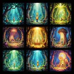 photo cartoon illustration comics manga painting of indoorenvironement : 6 fantasy environement, digital painting, unreal engine, 8 k, volumetric lighting, contrast by john kirby by carl warner and jim woodring, trending on artstation