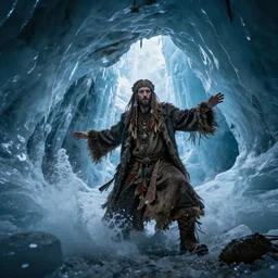 a hippy druid disintegrates in a cave of ice