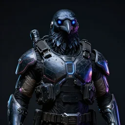tactical military neon exoskeleton armor, realistic anthropomorphic raven visible face, neon eyesight, science fiction, dark, portrait by donato giancola and greg rutkowski and wayne barlow, realistic face
