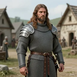 a masterpiece ultrarealistic ultradetailed photograph of a lifelike real slavic hero that is dressed in steel chain mail armor, long dyed hairs, on an old medieval village, photoreal image, art by wlop, photoreal, highly rendered, blender, unreal engine, readable, extremely detailed, trending on artstation, sharp focus, 4 k, by artgerm