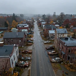 wide angle drone shot of dilapidated silent hill in real life, desolate town, empty streets, nightmarish, some rusted retro futuristic fallout 4 style parked cars, overcast, blankets of fog pockets, rain, volumetric lighting, beautiful, daytime, autumn, sharp focus, ultra detailed, cgsociety