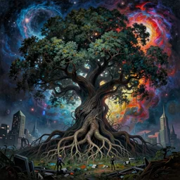 an enigmatic and terrifying painting of a cyberpunk universe by marc simonetti, greg rutkowski, ferdinand knab, colour, hyper detail, 8 k, one giant oak, universe, nebula, burst of colour, imaginary, roots, concept art, out of this world, depth, incredible depth