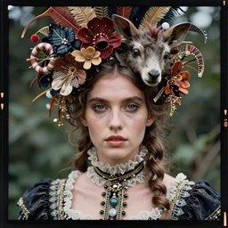 kodak portra 4 0 0, wetplate, photo, surreal, weird fashion, in the nature, highly detailed face, very beautiful model, portrait, close up, victorian dress, carneval, animal, wtf, photographed by paolo roversi style and julia hetta