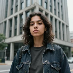 candid photographic portrait of a poor techwear mixed young woman outside a brutalist future corporate office, closeup, sigma 85mm f/1.4, 4k, depth of field, high resolution, 4k, 8k, hd, full color
