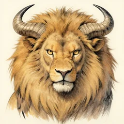 a creature with the body and eyes of a man, beak of an eagle instead of the nose, the mane of a lion, two horns of an ox on the head. drawn by miura kentaro