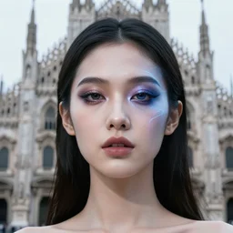 portrait photo of a beautiful young goddess'face merging with a cathedral building, strong cyberpunk - goth face make - up, etheric, emotionally evoking symbolic metaphors, head in focus, ornamental, intricate, elegant, golden ratio, sharp focus, illustration, art by ernst haeckel, h. r. giger, john william godward, gustav klimt,