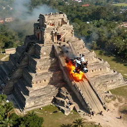 spacecraft on fire and smoking crash landed into ancient Mayan temple, highly detailed, very intricate, aerial photograph, artstation