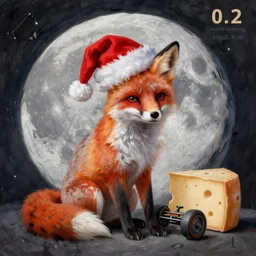 award winning painting of a fox animal with a red santa claus hat, on the moon, sat next to a wheel of cheese, f1.2, elegant highly detailed digital painting