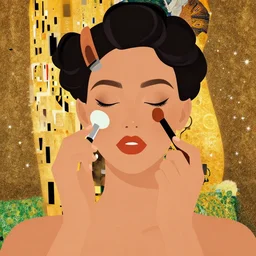 vector illustration of a overtanned instagram influenza girl, siliconized lips, doing a make up tutorial, artstation, smooth, sharp focus, art by gustav klimt - alphonse mucha - adolphe bouguereau