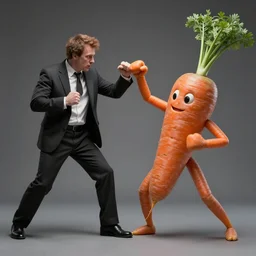 Robert Wyatt battling a humanoid carrot in an epic fistfight, dramatic, detailed, 4k