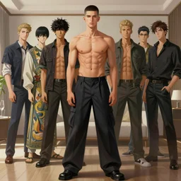 full body portrait of a single beautiful young fit man, modern haircut, open shirt, large pants. by greg rutkowski and alphonse mucha, artgerm, wlop, james jean, andrei riabovitchev, marc simonetti, yoshitaka amano, d & d character, in front of a modern room background, highly detailed portrait, digital painting, artstation, concept art, smooth, sharp focus illustration