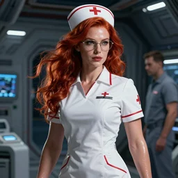 epic portrait cinematic shot a space nurse with short sleeves, flowing red hair, glasses, muscular, shiny skin, beautiful, space station backround, fine details. night setting. realistic shaded lighting poster by craig mullism, artgerm, jeremy lipkin and michael garmash, unreal engine, radiant light, detailed and intricate environment, digital art, trending on art station,