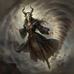 character concept art of sorceress wearing horned mask flying inside a tornado, full body shot, fantasy painterly style, intricate details, artwork by ross tran, artgerm, eimbrodered clothing