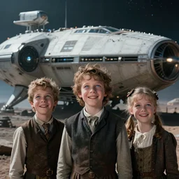 extremely sharply detailed, from blockbuster sci fi 1 6 k color movie freeze frame, set in 1 8 6 0, family standing in front of a crashed spaceship, on alien planet, looking happy, wearing 1 8 5 0 s era clothes, atmospheric lighting, in focus, reflective eyes, 2 mm macro lens, live action, nice composition, good photography, clear facial details