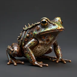 a studio photography of a steampunk amazon toxic frog sculpture made out of rusty metal, photo real, hyper detail, octane render, cinema 4 d, 3 d render