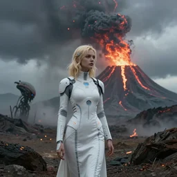 volcano eruption post apocalyptic scene with a blonde cyber girl white dress futuristic mars mad max bladerunner stormy weather alien landscape