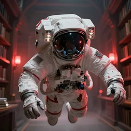portrait close - up shot, of space astronaut fly inside old high celling library, fog and gloomy red lights, highly detailed science fiction illustration by jeremy geddes. photorealistic, octane render, hyper detailed, 8 k, movie still, artstation, unreal engine,