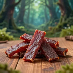 5 5 mm photo of a pile of freshly beef jerky on a wooden table in a magical forest. dof. bokeh. magical atmosphere. art by greg rutkowski. highly detailed 8 k. intricate. lifelike. soft light. nikon d 8 5 0.