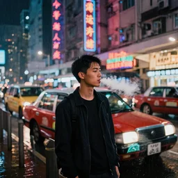 “Asian guy vaping in Hong Kong waiting for taxi raining neon lights”