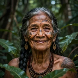 a beautiful portrait of a smiling old woman in the jungle surrounded by leaves, tribal face paintings, matte painting, fantasy art