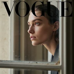 close up of face of fashion model looking out of window in old and dirty room in paris, official vogue editorial, highly detailed