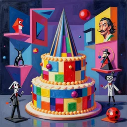 A surreal neon painting of Zaha hadid 3d kandinsky birthday cake made of cubism futuristic picasso rooms in 3 point perspective by hr giger and Vladimir kush and dali and kandinsky, 3d, realistic shading, complimentary colors, cake, vivid neon colors, aesthetically pleasing composition, masterpiece, 4k, 8k, ultra realistic, super realistic,