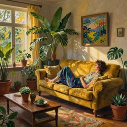 A cozy, warm living room, bathed in golden light, with many tropical plants and succulents, a figure is resting on an old couch, by André Derain