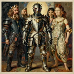 grotesque armor suit, monumental painting by gerrit van honthorst and hajime sorayama and david hockney, illusion surreal art, highly conceptual figurative art, intricate detailed oil illustration, controversial poster art, polish poster art 1 9 8 0