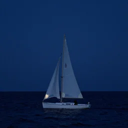 There is a small sailboat on the dark blue sea, night view, by Vicente Romero Redondo