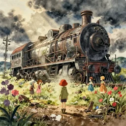 wholesome animation key shot, intricate detail, parka redhead alone explore an abandoned schwerer gustav!!!!, wet mud, puddles, telephoe wire, studio ghibli, pixar and disney animation, sharp, disney concept art watercolor illustration by mandy jurgens and alphonse mucha and alena aenami, ruan jia, bloom!!! dramatic lighting