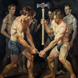highly detailed photography of a strong men hammering body parts, sharp focus, dramatic scene, dynamic lighting, elegant, harmony, masterpiece, by jenny saville, by ben aronson, by james jean, by craig mullins, by jeremy mann, by lucian freud, by kent williams, high quality