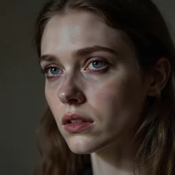 the closeup of the woman who is dreaded with the most realistic horror imaginable