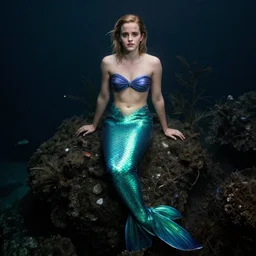 Beautiful photo of Emma Watson as a mermaid, full body, cinematic lighting