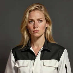Portrait of a woman by Greg Rutkowski, she is about 40 years old, pretty, blond hair with two strans around her face, slavic features, melancholic gaze, pretty aquiline nose, stressed but loving and affectionate mother vibes, she is wearing a black and white utilitarian jumpsuit, highly detailed portrait, digital painting, artstation, concept art, smooth, sharp foccus ilustration, Artstation HQ.