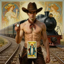a dramatic ethereal epic symmetrical painting of a handsome villainous cowboy standing in front of railroad tracks with a train locomotive | his is shirtless and he has a pocketwatch | tarot card, art deco, art nouveau, (steampunk), homoerotic, realistic | by Mark Maggiori and ((Alphonse Mucha)) | trending on artstation
