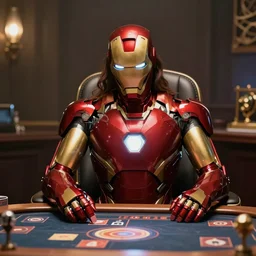 Photo, Iron Man sitting in his chair at his desk, playing table talk RPG.