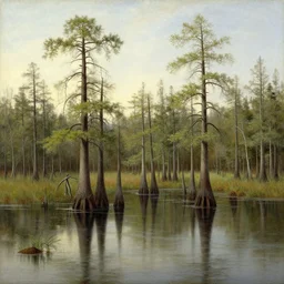 hudson river school painting, naturalism, swamp, crippled pines, corduroy road