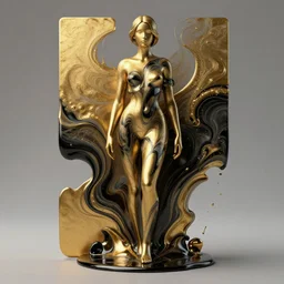 liquid marble acrylic fluid paint, 3 d render, daz 3 d studio, golden and black liquid materials, abstract art, beautiful female model standing, semi realism