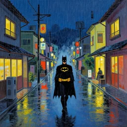 batman walking in an empty street in a small town in japan, colorful streets at night, streets wet with rain, oil painting by greg rutkowski, eddie mendoza, moebius